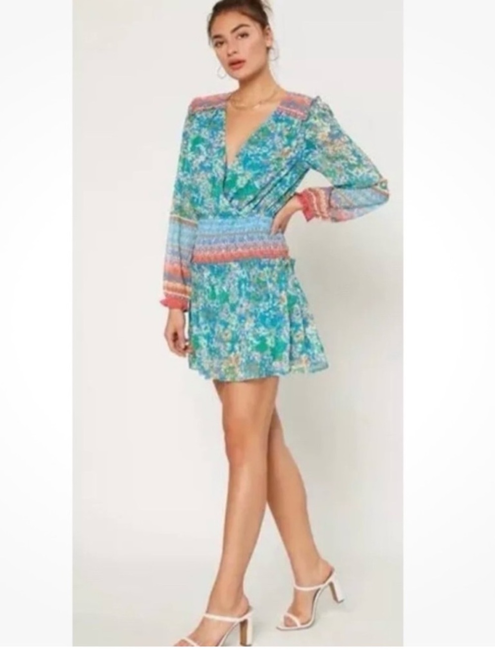 Current Air Floral Long Sleeve Mini Dress in Turquoise and Coral